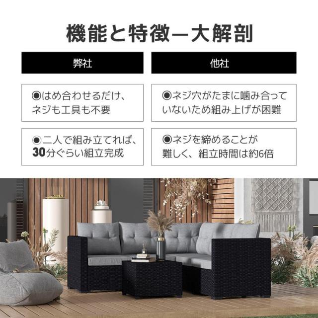 ガーデンファニチャー ガーデンテーブル チェアー ラタン調 ソファ 家具 樹脂 ねじなし 楽組 ホテル カフェ ベランダ 屋外 4人掛け 高級 ガーデンソファー_6
