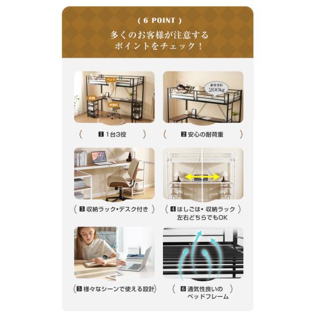 ロフトベッド パイプベッド シングル デスク付き 収納棚 ハシゴ付き 左右入れ替え可能 ロフトベッド 収納 大人 一人暮らし 子供ベッド 北欧風 二段ベッド_14