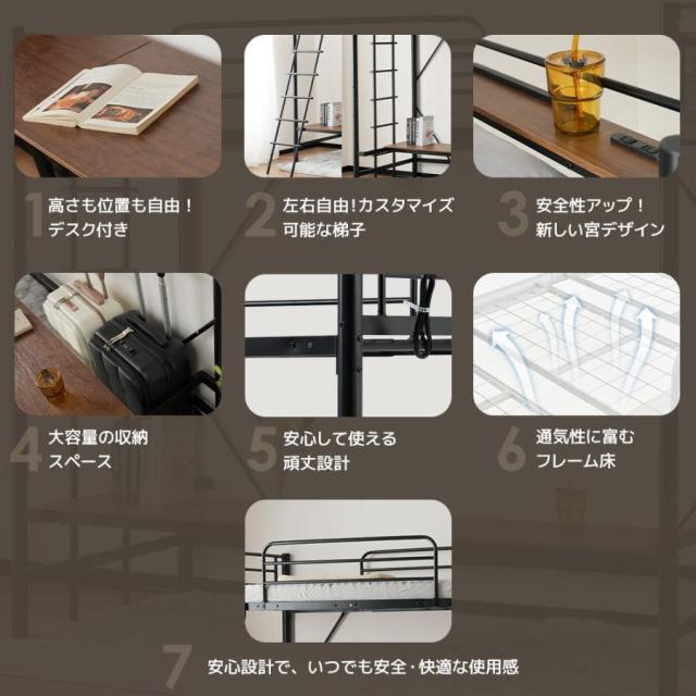 システムベッド ロフトベッド 宮棚 子供 大人 シングル デスク付 コンセント付き デスクベッド 子供ベッド ハイタイプ ベッドフレーム スチール 頑丈 耐震_4