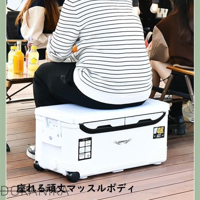 釣り用クーラーボックス 大容量32 70L 座れる頑丈マッスルボディ 防水 材 ハンドル 水栓 肩ベルト キャスター付き 釣り 保冷力72h 白&黒 持ち運び便利_3