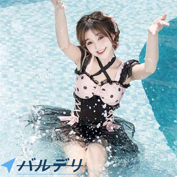 ワンピース水着 レディース ロリータ風 かわいい フリル オフショルダー 透明感あり 水玉 リボン 水着 肩出し 着?せ 撮影 温泉 プール ビ