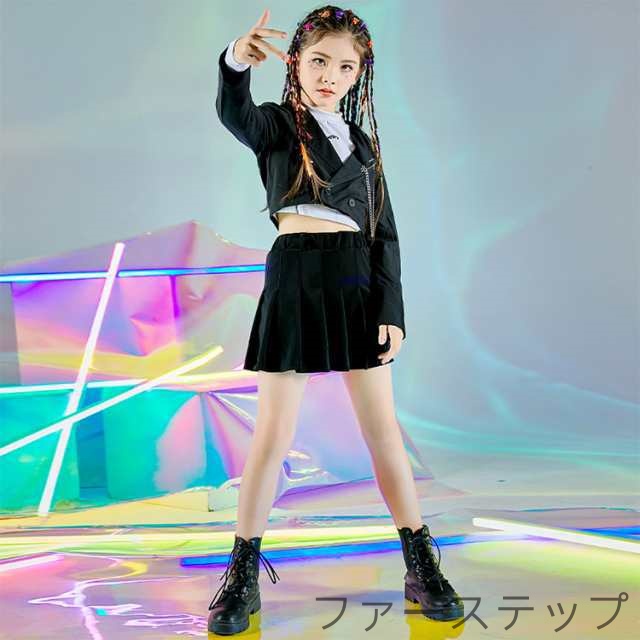 子供用 ブラックステージ衣装 スーツセット ショート丈トップス へそ出しデザイン 長袖ジャケット ミニスカート ダンスウェア 女の子 チアリーディング K-POP 韓国風 クール系 練習用 ストリート着_1