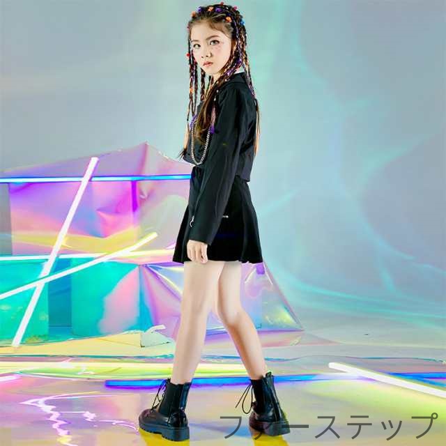 子供用 ブラックステージ衣装 スーツセット ショート丈トップス へそ出しデザイン 長袖ジャケット ミニスカート ダンスウェア 女の子 チアリーディング K-POP 韓国風 クール系 練習用 ストリート着_2