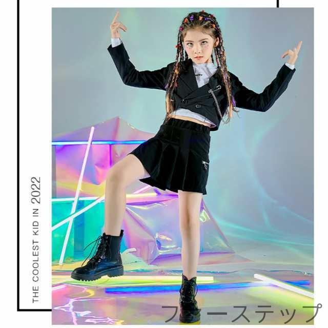 子供用 ブラックステージ衣装 スーツセット ショート丈トップス へそ出しデザイン 長袖ジャケット ミニスカート ダンスウェア 女の子 チアリーディング K-POP 韓国風 クール系 練習用 ストリート着_4
