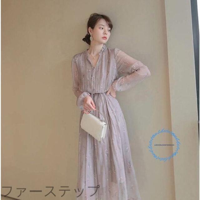 衣装 レディース 長袖 ロング衣装 膝丈 シフォン 春夏 好いたらしいめ 花柄 ゆったり 透ける袖 ワンピ シフォン衣装 夏 窈窕たる