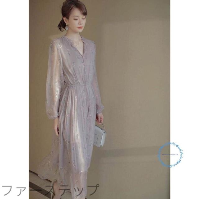 衣装 レディース 長袖 ロング衣装 膝丈 シフォン 春夏 好いたらしいめ 花柄 ゆったり 透ける袖 ワンピ シフォン衣装 夏 窈窕たる
