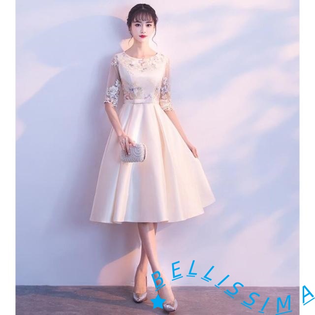パーティードレス ワンピース 演奏会用 膝丈 ドレス 長袖 合唱衣装 結婚式 フォーマル 同窓会 袖あり キャバ 20代 30代 40代 大きいサイズ 二次会 成人式_1