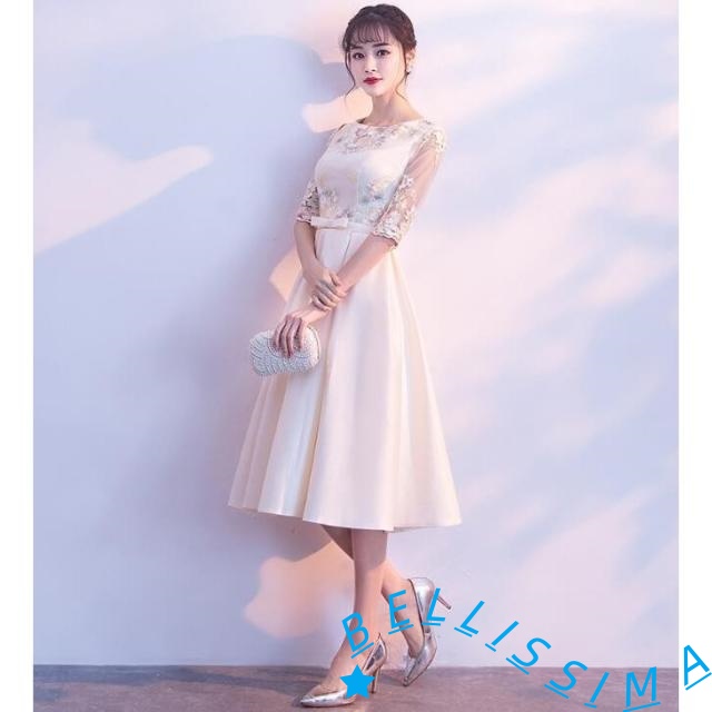 パーティードレス ワンピース 演奏会用 膝丈 ドレス 長袖 合唱衣装 結婚式 フォーマル 同窓会 袖あり キャバ 20代 30代 40代 大きいサイズ 二次会 成人式_3