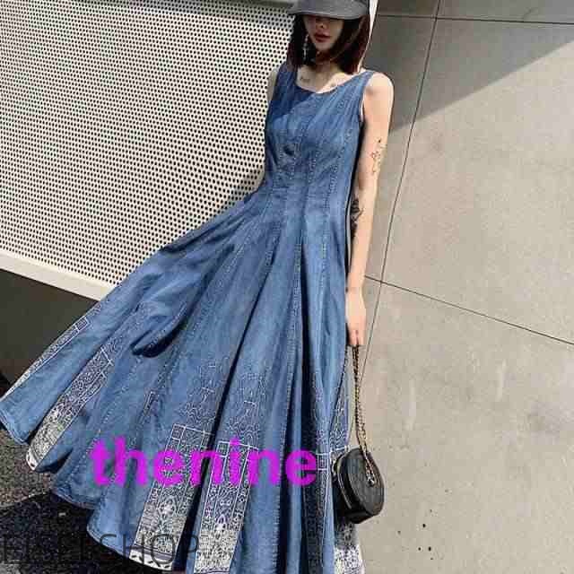デニム ロングワンピース 大きいサイズ デニム ワンピース 夏 フレアスカート マキシワンピース Aライン 刺繍 ロング丈 3L 4L レディース カジュアル ノースリ_14
