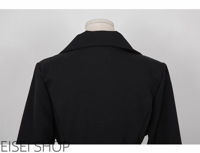 ベルト付き 裾シアー チュールスカート切替え ドッキング ワンピース 膝下丈 ミモレ丈 Aライン 長袖 襟付き テーラードカラー Vネック ウ_16