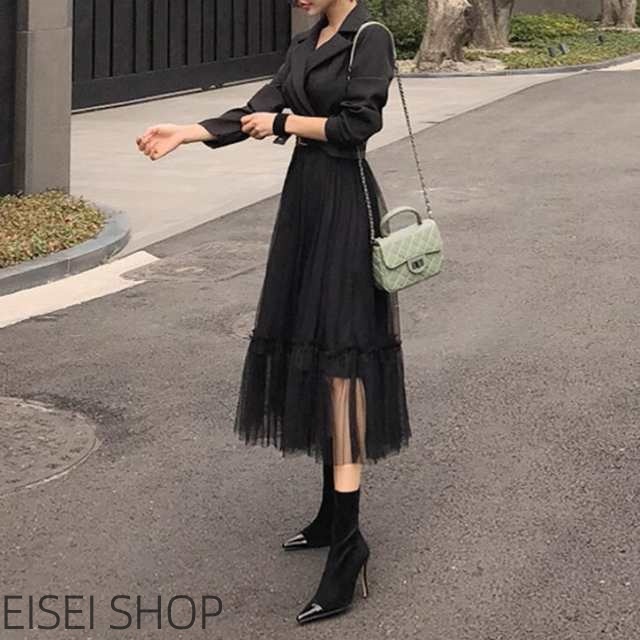 ベルト付き 裾シアー チュールスカート切替え ドッキング ワンピース 膝下丈 ミモレ丈 Aライン 長袖 襟付き テーラードカラー Vネック ウ_6