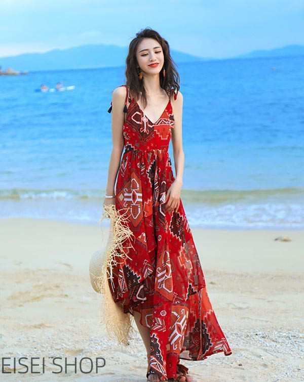 ハワイ リゾートワンピース マキシ丈 Vネック ノースリーブ イレギュラー ヘムスカート ヘムスカート 民族風_1