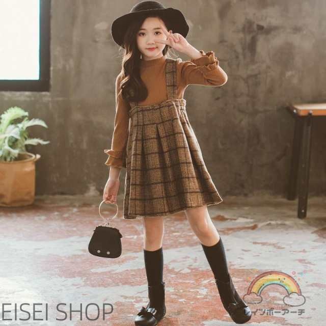 セットアップ 女の子 子供服 韓国 キッズ 長袖 春秋 秋着 上下セット 2点セット 韓国子供服 ジュニア スカート チェック柄 サロペット 蝶結び 可愛い おしゃれ