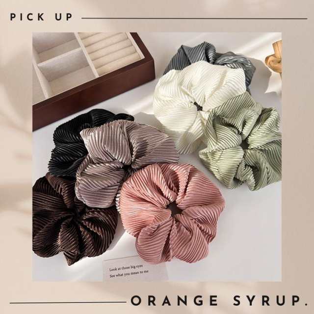 シュシュ ヘアゴム 全5色 プリーツ サテン 白 シンプル 大ぶり ヘア