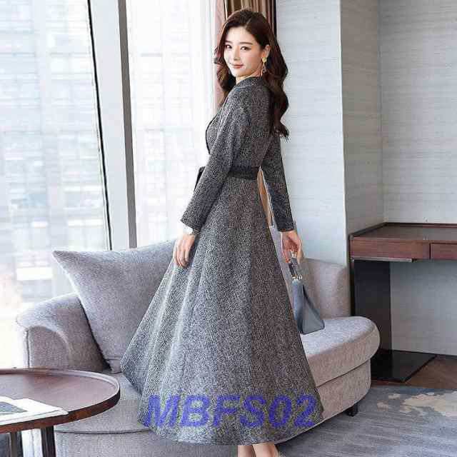 ワンピース ロング マキシ丈 大人 レディース 大きいサイズ 秋 冬 長袖 きれいめ ブラック グレー 襟付き ダブルボタン ウエストリボン フレアワンピ コンサバ ワンピース ロング マキシ丈 大人 レディース 大きいサイズ 秋 冬 長袖