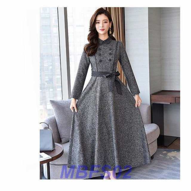 ワンピース ロング マキシ丈 大人 レディース 大きいサイズ 秋 冬 長袖 きれいめ ブラック グレー 襟付き ダブルボタン ウエストリボン フレアワンピ コンサバ ワンピース ロング マキシ丈 大人 レディース 大きいサイズ 秋 冬 長袖