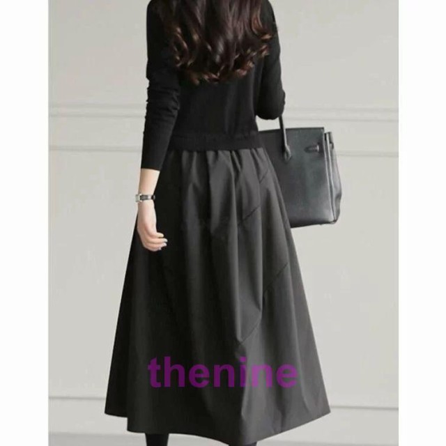 黒ワンピース フォーマル 黒 ワンピース ニットワンピース ロング 秋冬 きれいめ 切り替え 異素材 秋服 秋 冬 長袖  40代 カジュアル 大きいサイズ レディース