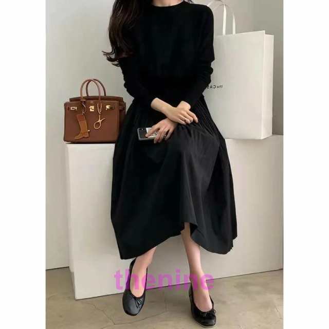 黒ワンピース フォーマル 黒 ワンピース ニットワンピース ロング 秋冬 きれいめ 切り替え 異素材 秋服 秋 冬 長袖  40代 カジュアル 大きいサイズ レディース
