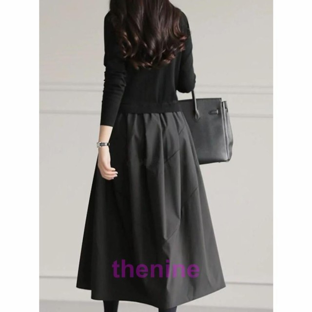 黒ワンピース フォーマル 黒 ワンピース ニットワンピース ロング 秋冬 きれいめ 切り替え 異素材 秋服 秋 冬 長袖  40代 カジュアル 大きいサイズ レディース