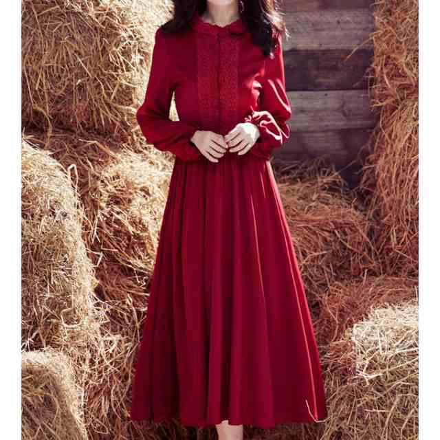 ワンピース ドレス レディース ロングワンピース ミモレ丈 フレアワンピース 長袖 バルーンスリーブ 刺繍 レース ギャザー 赤 レッド ワンピドレス 大人可愛い きれいめ 上品 レトロ ガーリー エレガント フォーマル 春 夏 秋 冬 二次会 お呼ばれ 謝恩会 結婚式 披露宴