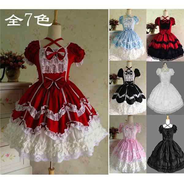 ゴスロリ ワンピース ロリータ ゴシック コスプレ メイド 全7色 衣装 コスチューム カラバリ豊富 かわいい リボン 原宿 お茶会 甘ロリ