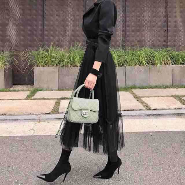 ベルト付き 裾シアー チュールスカート切替え ドッキング ワンピース 膝下丈 ミモレ丈 Aライン 長袖 襟付き テーラードカラー Vネック ウ ベルト付き 裾シアー チュールスカート切替え ドッキング ワンピース