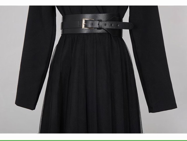 ベルト付き 裾シアー チュールスカート切替え ドッキング ワンピース