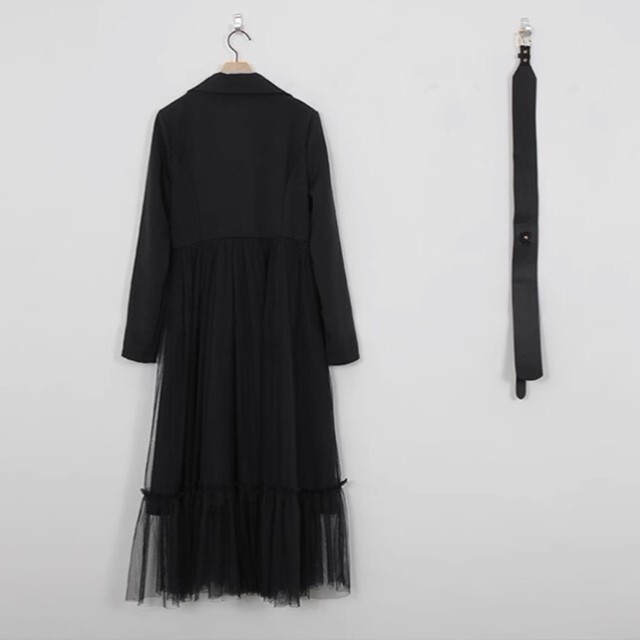 ベルト付き 裾シアー チュールスカート切替え ドッキング ワンピース