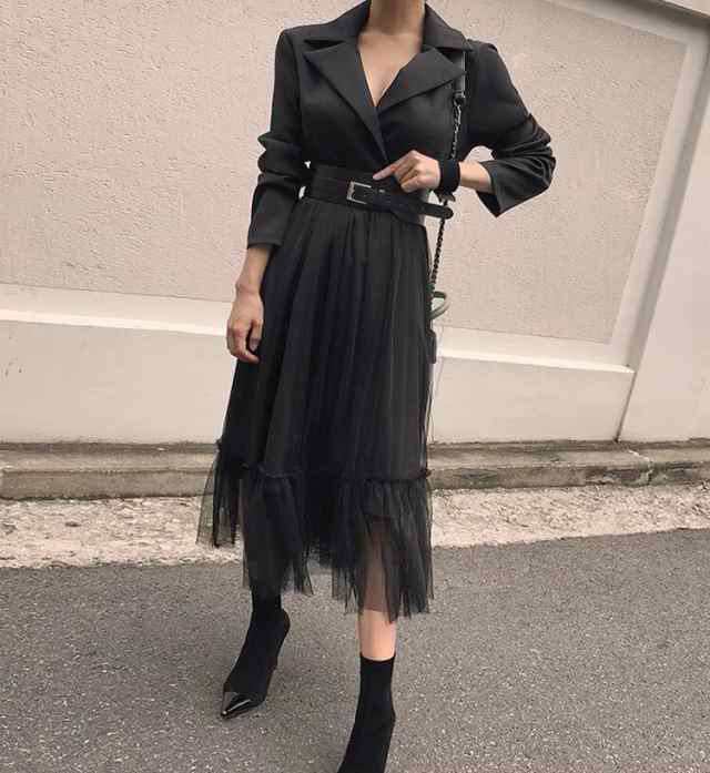 ベルト付き 裾シアー チュールスカート切替え ドッキング ワンピース 膝下丈 ミモレ丈 Aライン 長袖 襟付き テーラードカラー Vネック ウ ベルト付き 裾シアー チュールスカート切替え ドッキング ワンピース