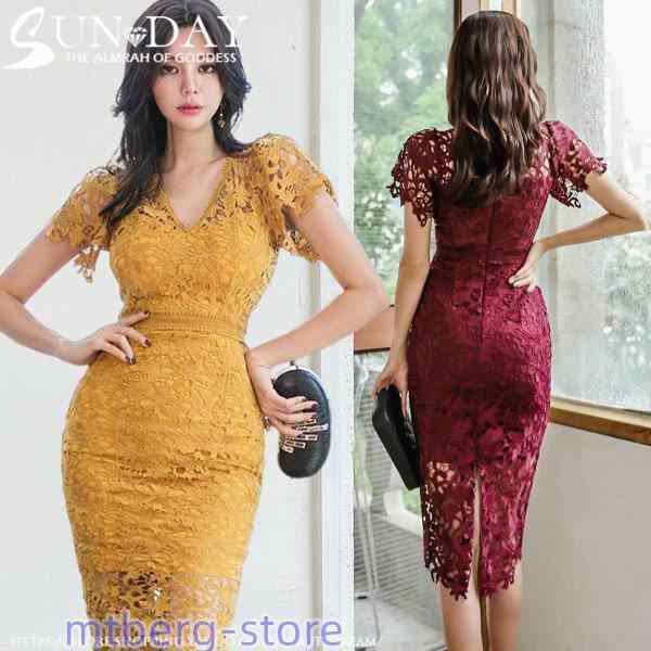 キャバドレス 通勤ワンピース ライン キャバクラ 大 膝丈 半袖 V襟レース 上品 OL通勤 20代30代40代 気質的 細身yd-3955