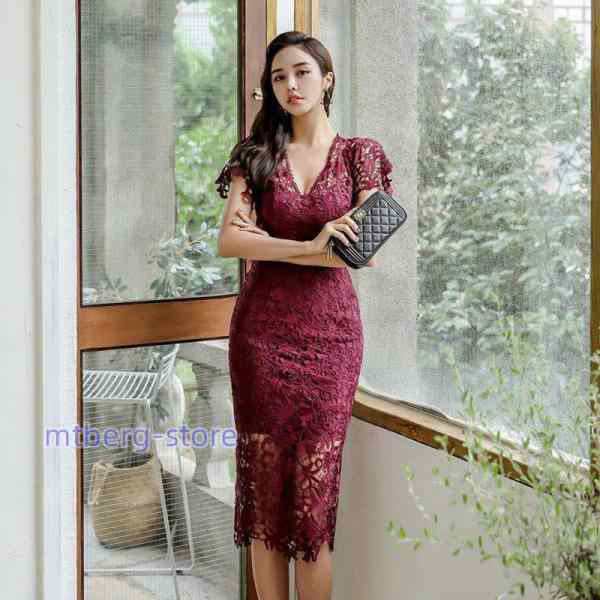 キャバドレス 通勤ワンピース ライン キャバクラ 大 膝丈 半袖 V襟レース 上品 OL通勤 20代30代40代 気質的 細身yd-3955