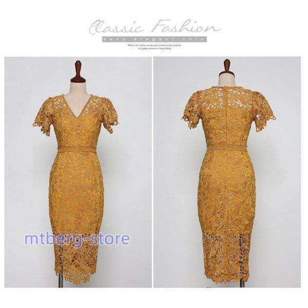 キャバドレス 通勤ワンピース ライン キャバクラ 大 膝丈 半袖 V襟レース 上品 OL通勤 20代30代40代 気質的 細身yd-3955