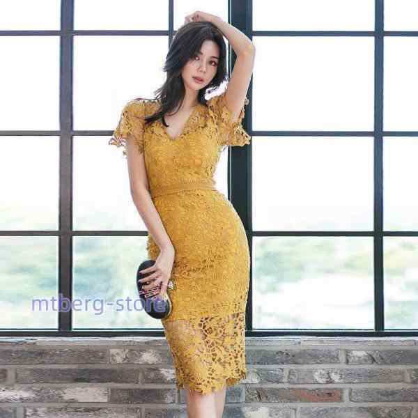 キャバドレス 通勤ワンピース ライン キャバクラ 大 膝丈 半袖 V襟レース 上品 OL通勤 20代30代40代 気質的 細身yd-3955