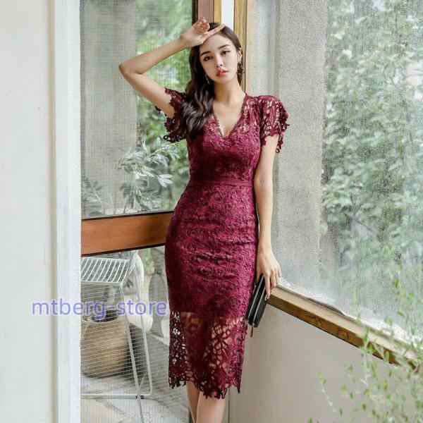 キャバドレス 通勤ワンピース ライン キャバクラ 大 膝丈 半袖 V襟レース 上品 OL通勤 20代30代40代 気質的 細身yd-3955