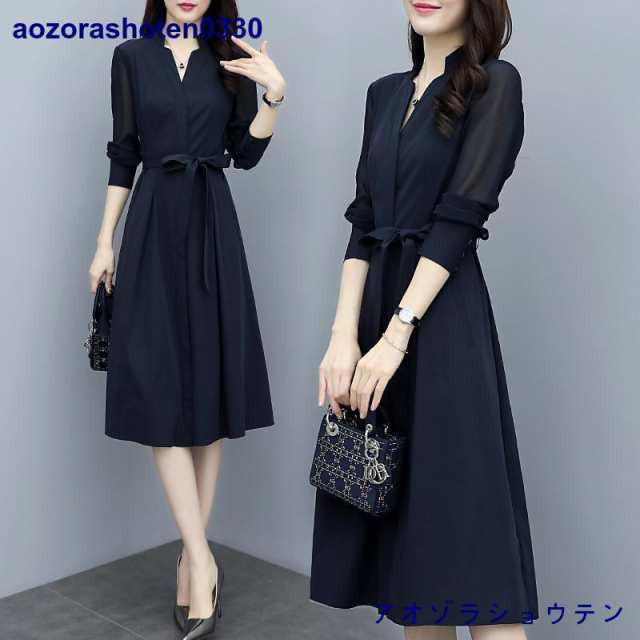 ワンピース レディース 40代50代 春秋 膝丈 長袖 無地 ロング丈 Aライン 上品 通勤 リボン 結婚式ドレス オシャレ 着痩せ 入学式 卒業式 卒園式