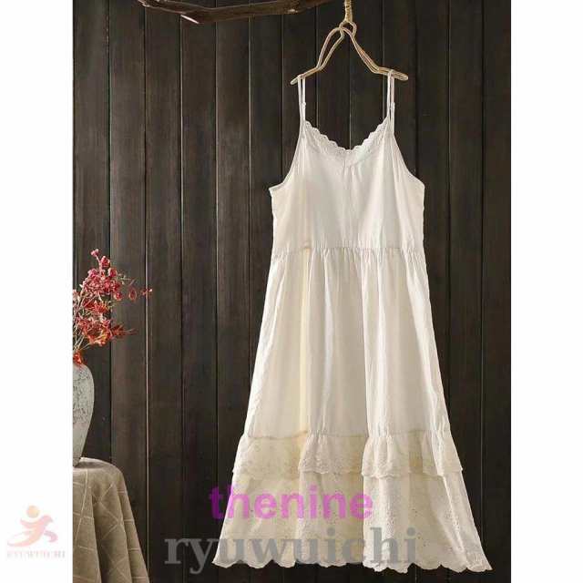 キャミワンピース ロング丈 レース 刺繍 ギャザー 切替 ワンピース