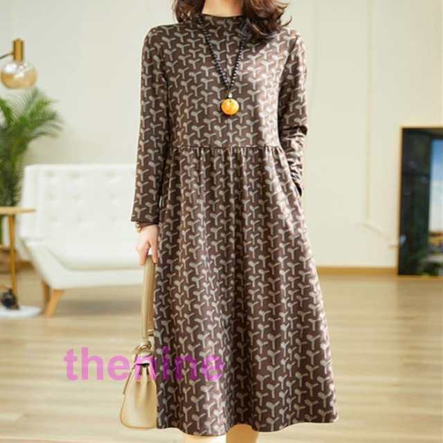 ハイネック レトロプリント ワンピース レディース 秋春 長袖 ワンピース ミモレ丈 上品 きれいめ カジュアル 通勤 旅行 お出かけ 30代 40代 50代 60代 シニア