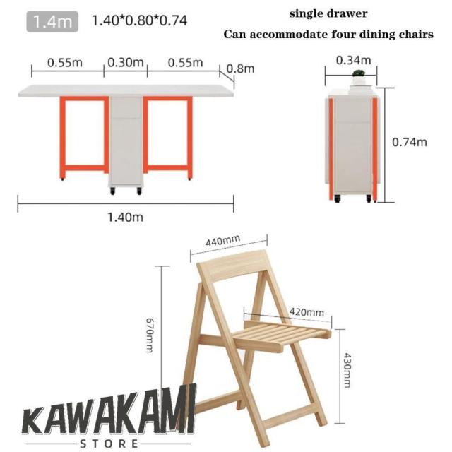 拡張可能なテーブルセット、4つの椅子を備えた木製の折りたたみ式