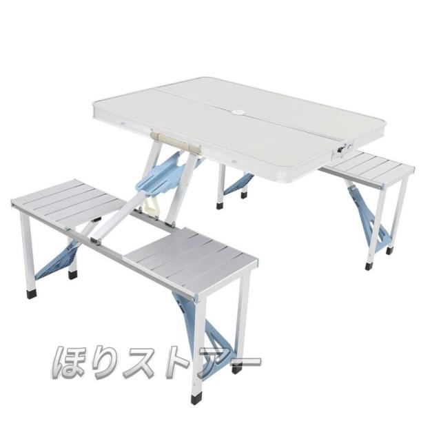 ピクニックテーブル、一体型折りたたみテーブルと椅子 アルミ合金、4人掛け、ポータブルデスク、屋内屋外旅行、キャンプ、パラソル用穴