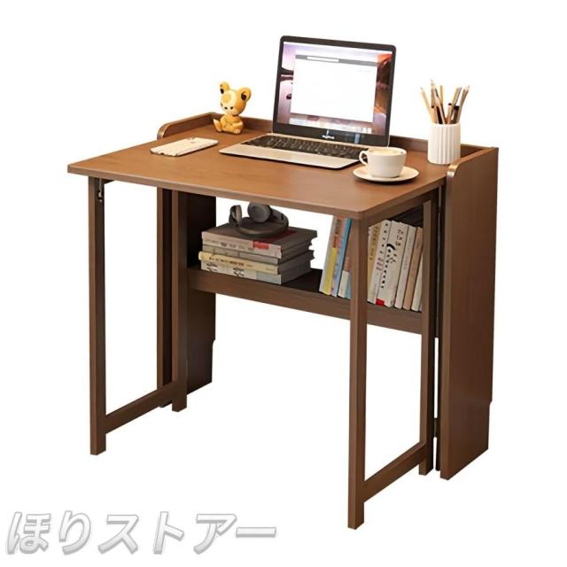 折りたたみデスク テレワークデスク 多機能デーブル 机 パソコンデスク 勉強デスク 木製 折り畳み 頑丈 省スペース ラック付き 完成品 組立て不要