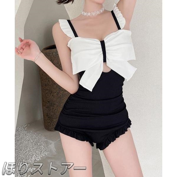 水着 フロントリボンリブワンピース 水着