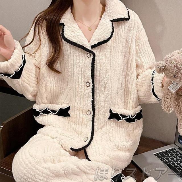 ルームウェア レディース 2点セット モコ長袖 パジャマ フランネル ルームウェア 暖かい 可愛い 厚手部屋着 寝巻きおしゃれ 上下セット パジャマ 秋冬