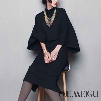 ワンピース レディース セットアップ 黒 赤 グレー 結婚式 お呼ばれ 二次会 パーティ モード 大人 シンプル かっこいい モダン フォーマル セクシー 長袖 ボリューム袖 タートルネック スリット デザイン ゆったり 無地 個性的 ひざ丈