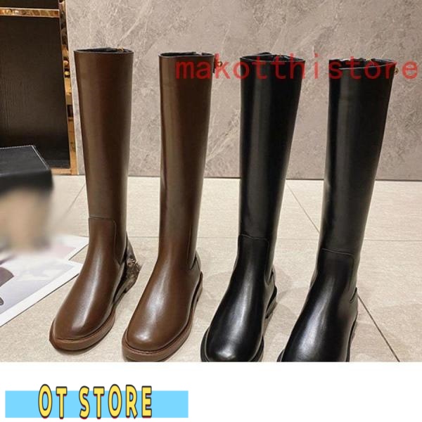 レディースロングブーツジョッキーブーツスムースレザー調チャンキー