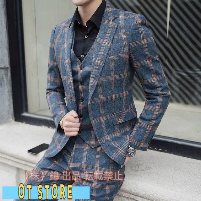 3ピーススーツ メンズ 結婚式 ビジネススーツ 紳士 スリーピース スリーピー  細身 1つボタン チェック柄 スーツ セットアップ 秋