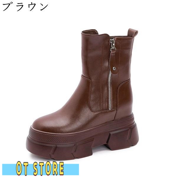 厚底 ショートブーツ レディース ヒール：10CMヒール 牛革 シークレットブーツ サイドジップ トラックブーツ インヒール 秋冬 無地 厚底 ショートブーツ レディース ヒール：10CMヒール 牛革