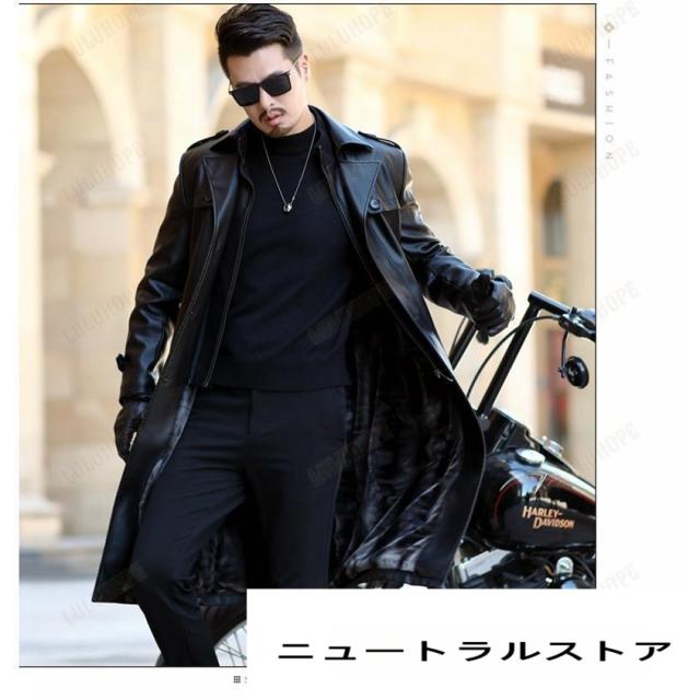 トレンチコート PUレザー 裏起毛革ジャン 体型カバー ダブル バイク 高級感 メンズ ロング丈 ビジネス 紳士服 冬物 秋冬