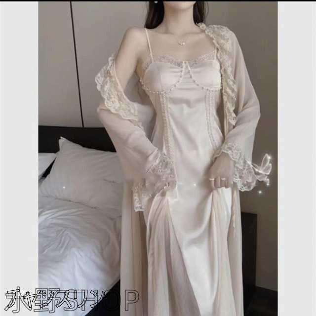 ネグリジェロングスリップ下着サテンパジャマスリップランジェリーナイトウェアネグリジェシルクドレス ホワイト 調整可