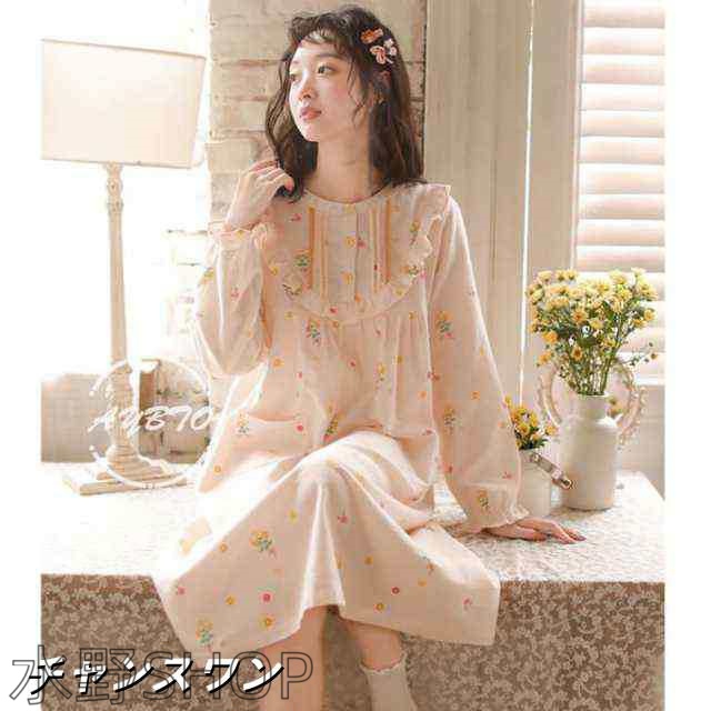ネグリジェ ワンピース パジャマ ルームウェア 和風 ルームワンピース 綿 フリル付き 花柄 おしゃれ ゆったり ロングネグリジェ レディー ネグリジェ ワンピース パジャマ ルームウェア 和風 ルームワンピース