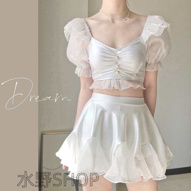 水着 レディース 体型カバー ビキニ タンキニ フリル ハイウエスト シースルー セパレート 無地 Ｖネック 白 シアー かわいい おしゃれ